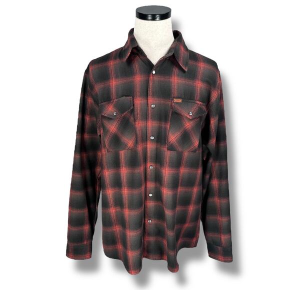 Dixxon The Evo Flannel Shirt Men’s Large Black Red Plaid Pearl Snap Button-Up - Picture 1 of 10